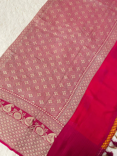Banarasi Chiffon Saree | Turmeric Yellow with Bright Pink Border | Silver Zari | Handwoven | Ships from California